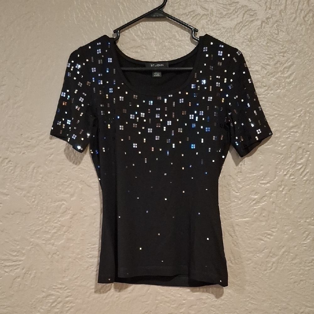 St. John Black Sequin Fitted Short Sleeve Blouse